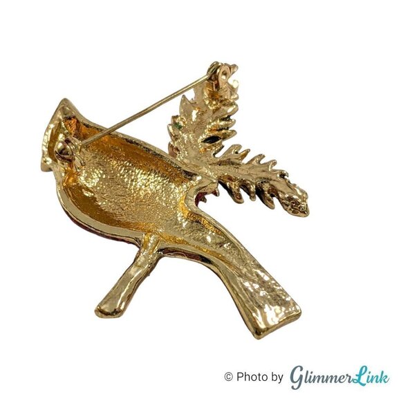 Beautiful Red Glitter Enamel Cardinal Bird Gold Tone Brooch Pin - Picture 5 of 6